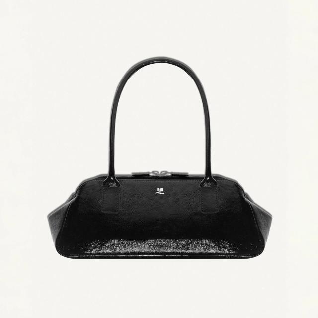 Elegant black leather handbag by Courrèges displayed on a white background for fashion lovers.