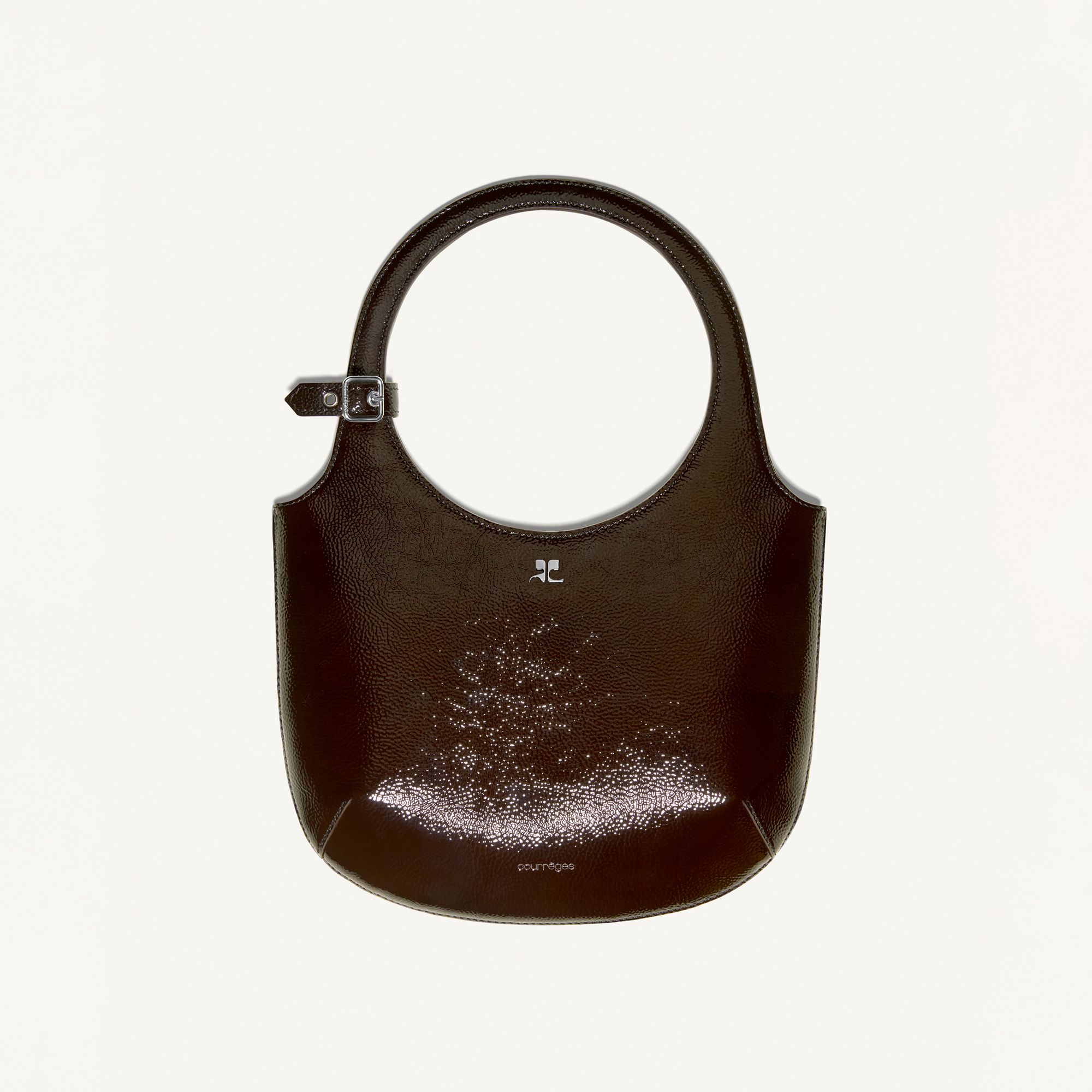 Elegant Courrèges handbag with glossy finish, ideal for chic fashion accessories on an e-commerce site.