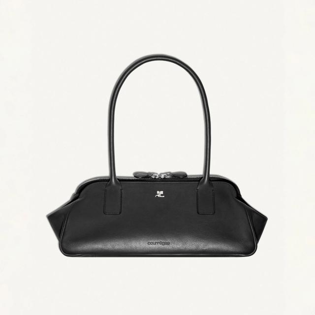 Elegant black leather Courrèges handbag with subtle logo, ideal for stylish fashion accessories.
