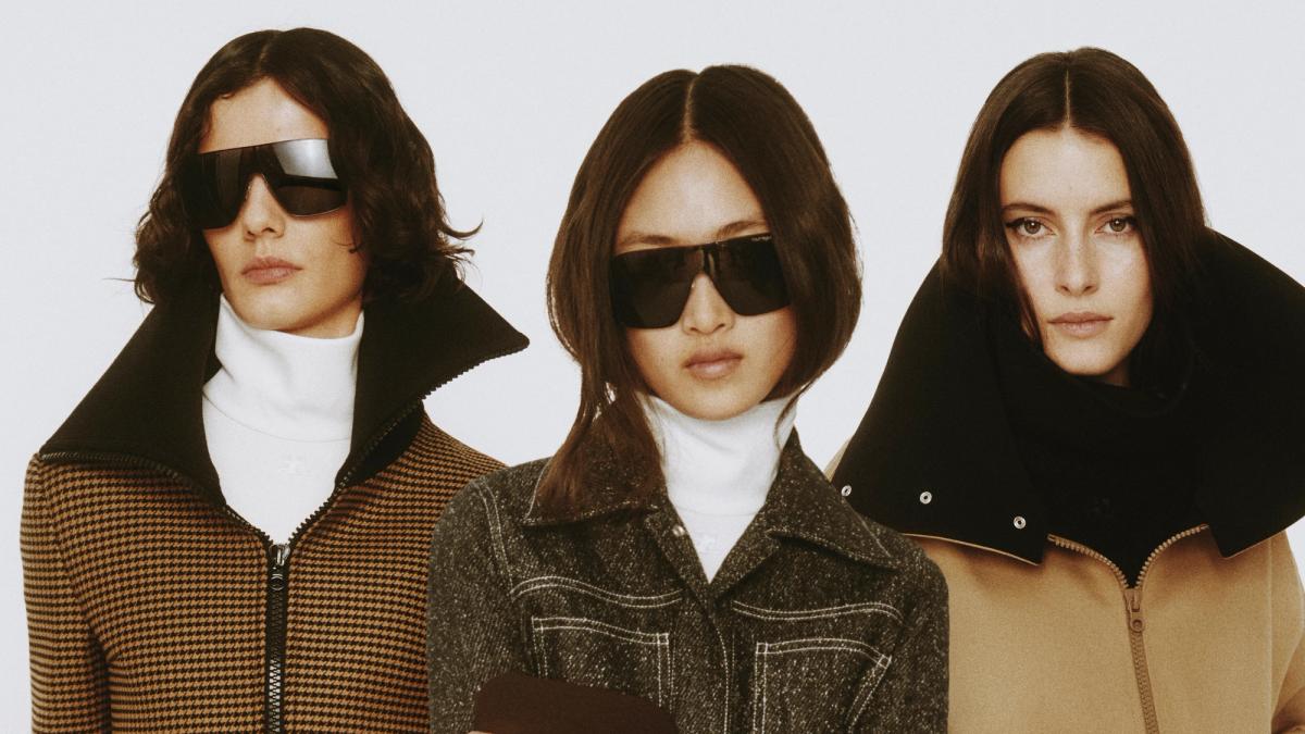 Elegant fashion models in sophisticated outfits showcase Courrèges apparel and accessories.