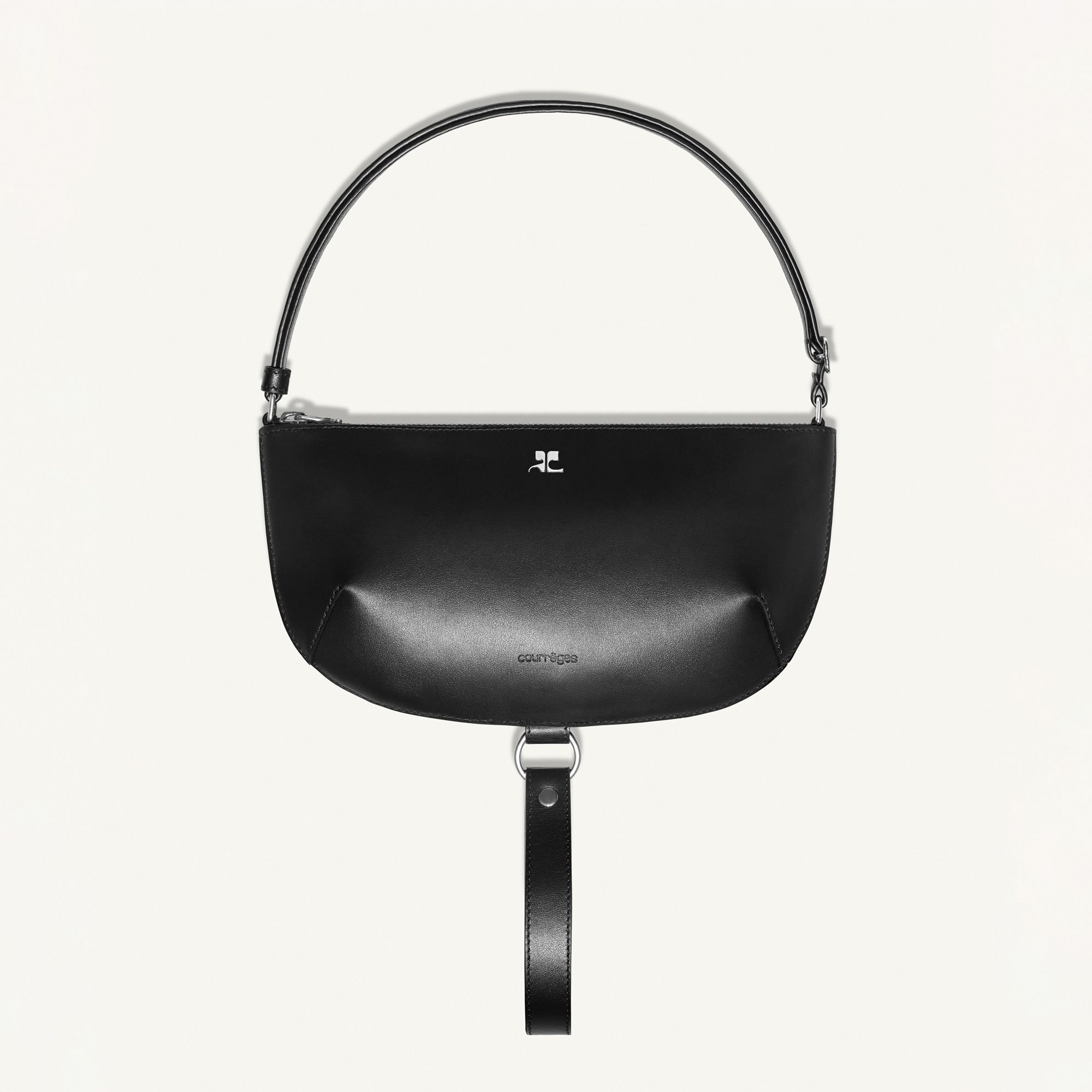 Elegant black Courrèges handbag with sleek design, featuring a silver logo and stylish strap.