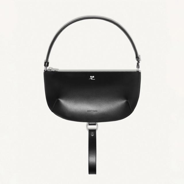 Elegant black leather Courrèges handbag with sleek design, perfect for fashionable accessories.