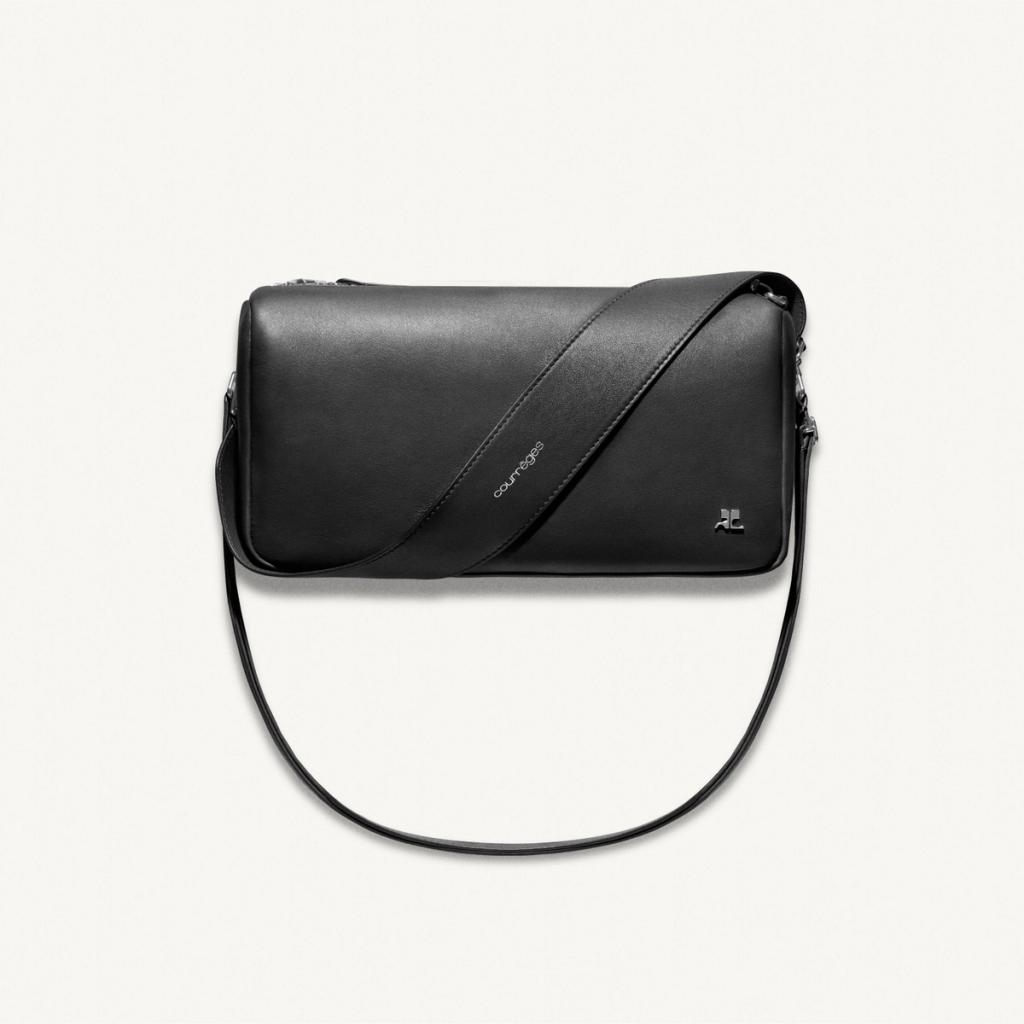 Elegant black leather Courrèges shoulder bag for modern fashion, stylish and functional.