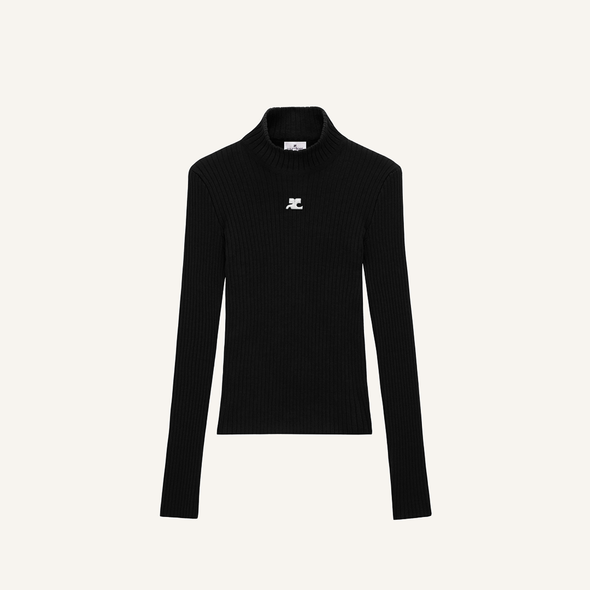 Elegant black ribbed turtleneck sweater by Courrèges for modern fashion style.