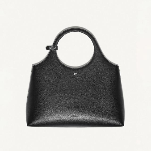 Elegant black leather Courrèges handbag with a circular handle, perfect for modern fashion.