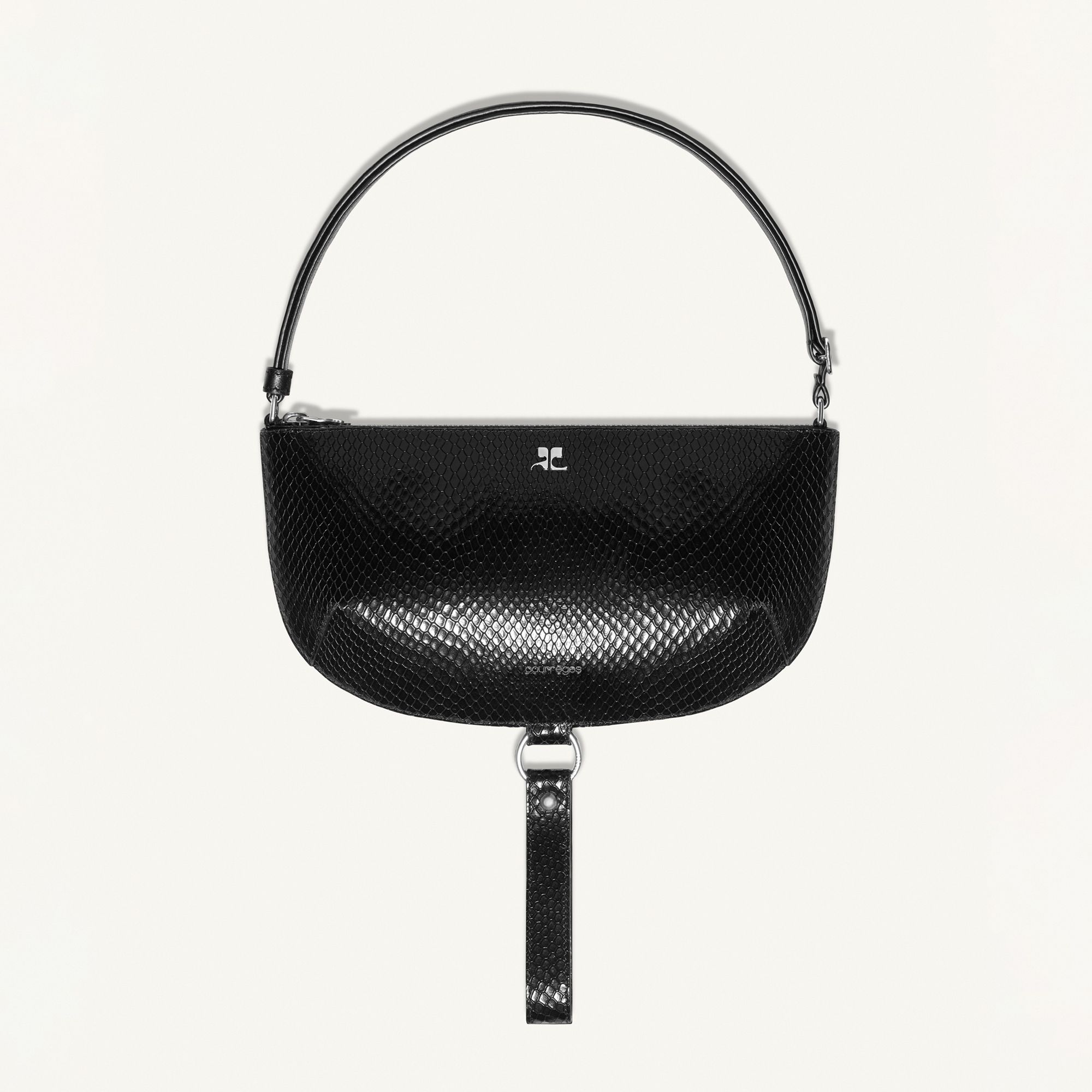 Elegant black Courrèges handbag with a textured pattern and silver logo, perfect for chic fashion.