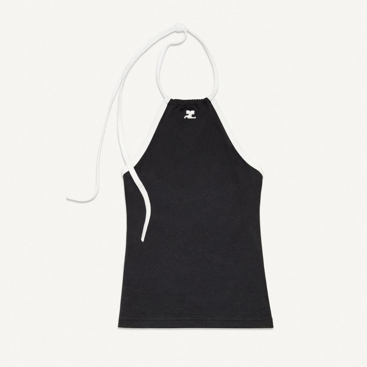 Elegant black and white halter top design by Courrèges, perfect for fashion-forward looks.