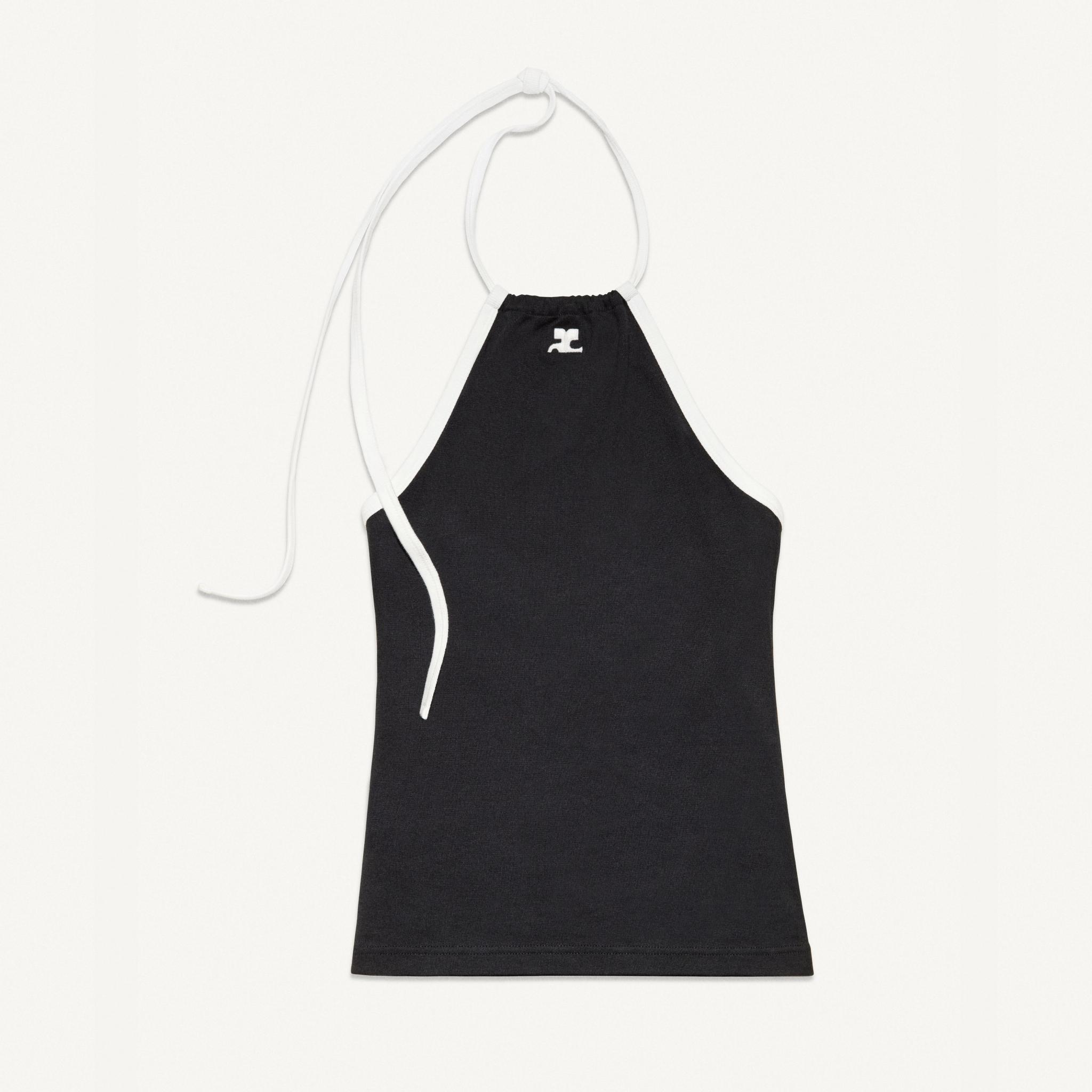 Elegant black and white halter top with Courrèges logo, perfect for fashion-forward looks.