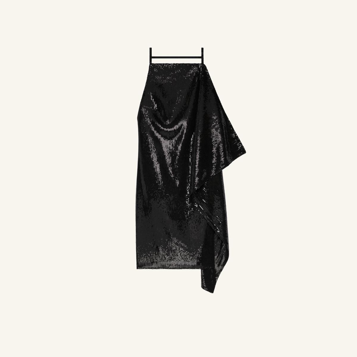 Elegant black sequined skirt from Courrèges, showcasing modern fashion for an ecommerce site.