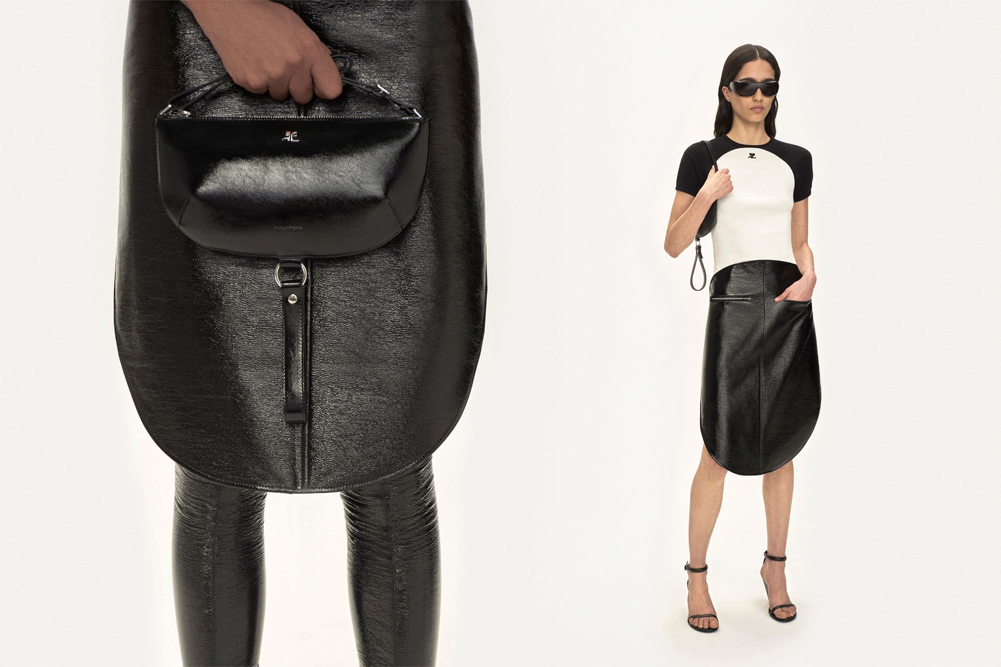 Jupe en cuir noir élégante et accessoires assortis de Courrèges sur un mannequin de mode.