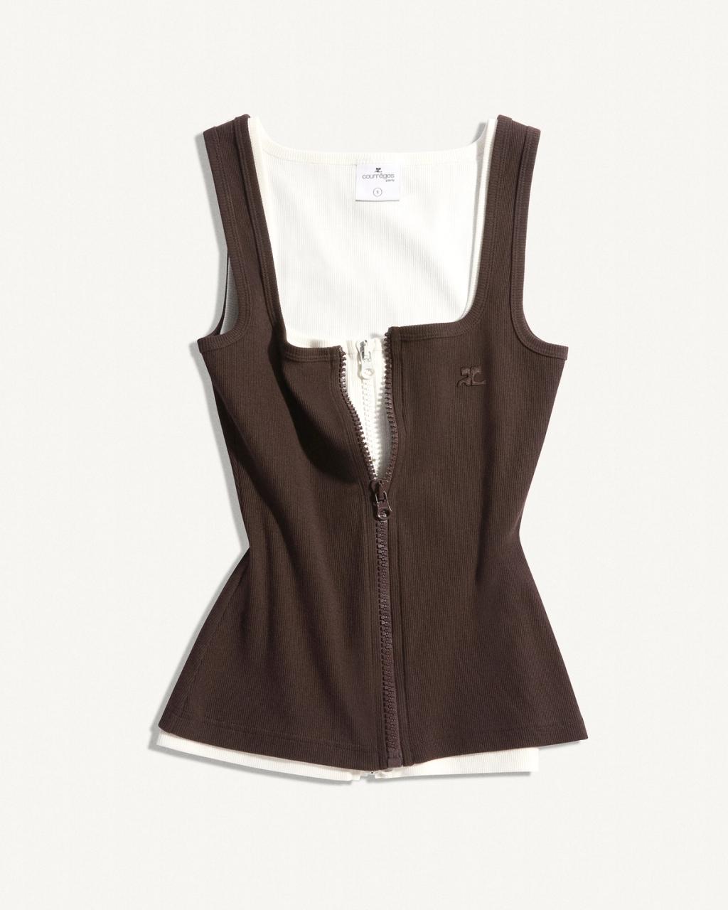 Top sans manches alliant élégance en brun et blanc avec fermeture éclair, Courrèges.