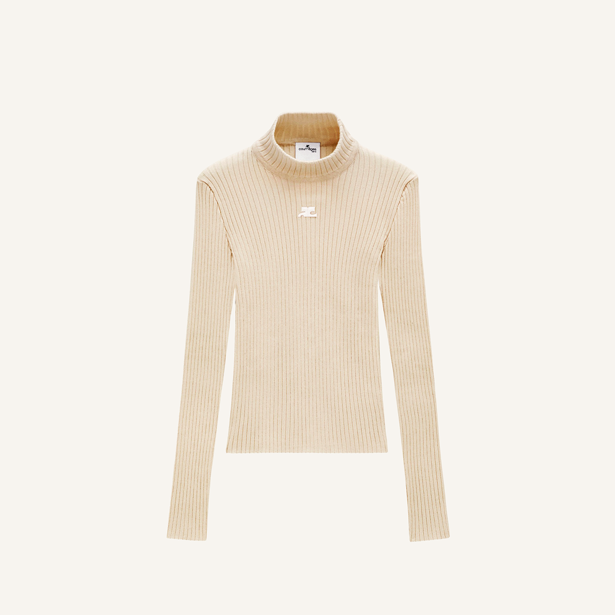 Elegant beige ribbed turtleneck sweater from Courrèges, featured on an ecommerce site.
