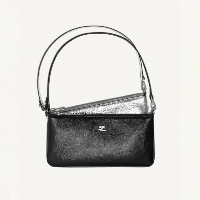 Elegant black leather handbag with metallic accents, ideal for Courrèges fashion accessories.