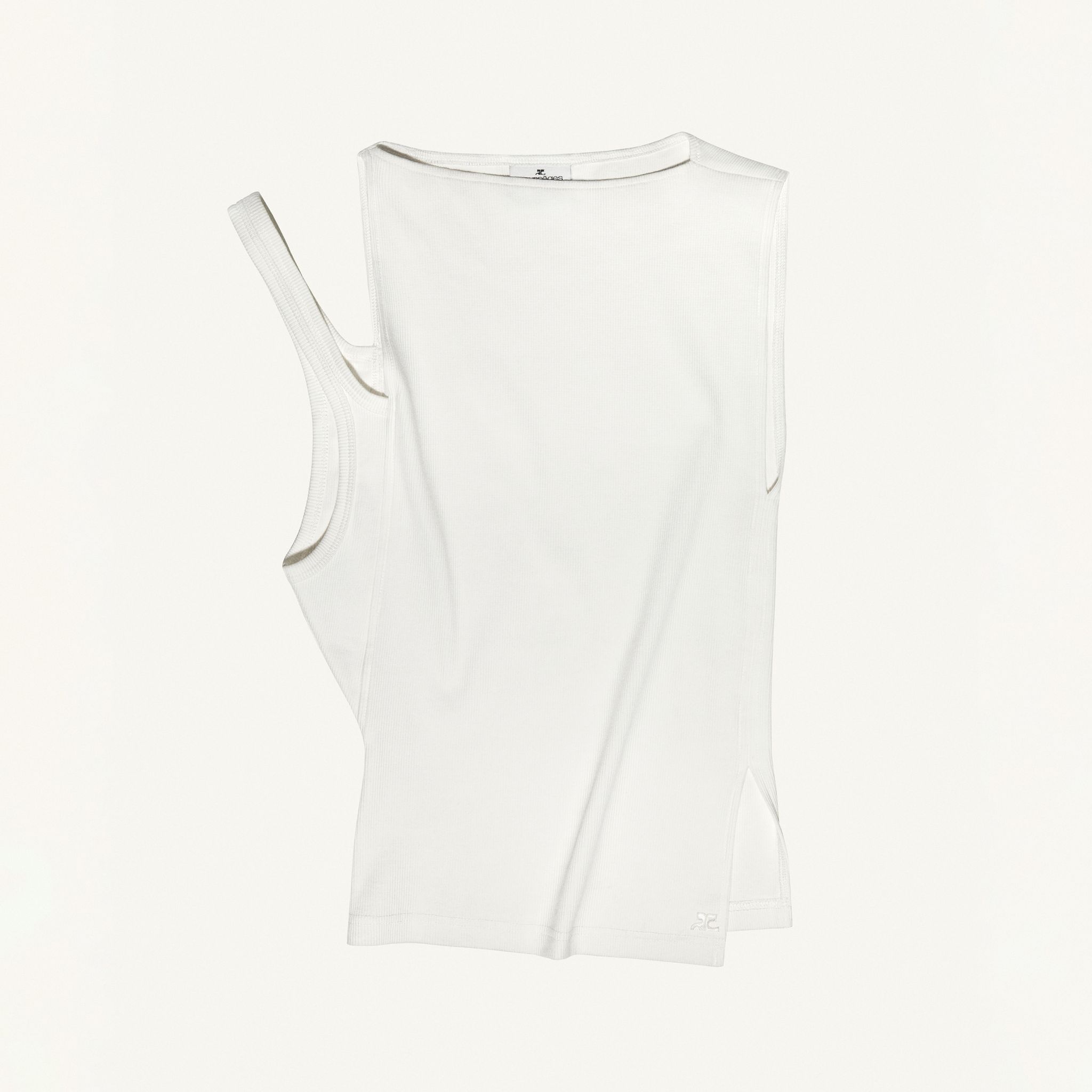 Elegant white sleeveless top by Courrèges, ideal for modern fashion statements.