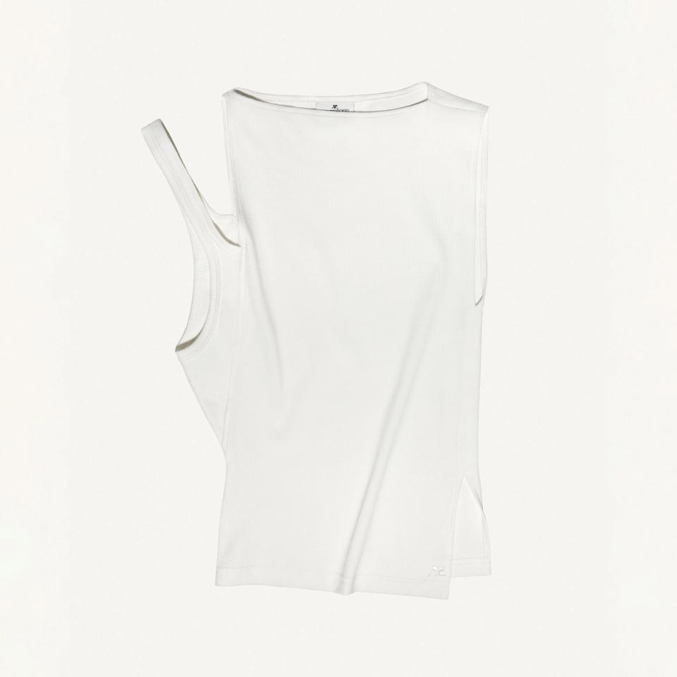 Elegant white sleeveless top by Courrèges, perfect for modern fashion statements on an ecommerce site.