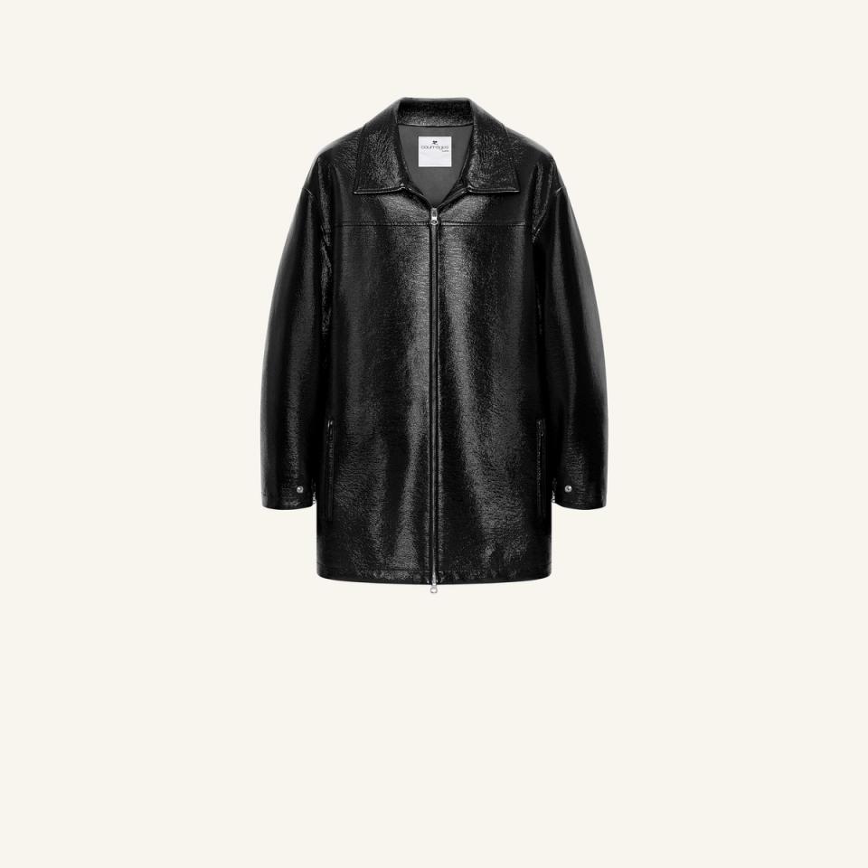 Blouson en cuir noir brillant élégant de Courrèges, idéal pour un style tendance.