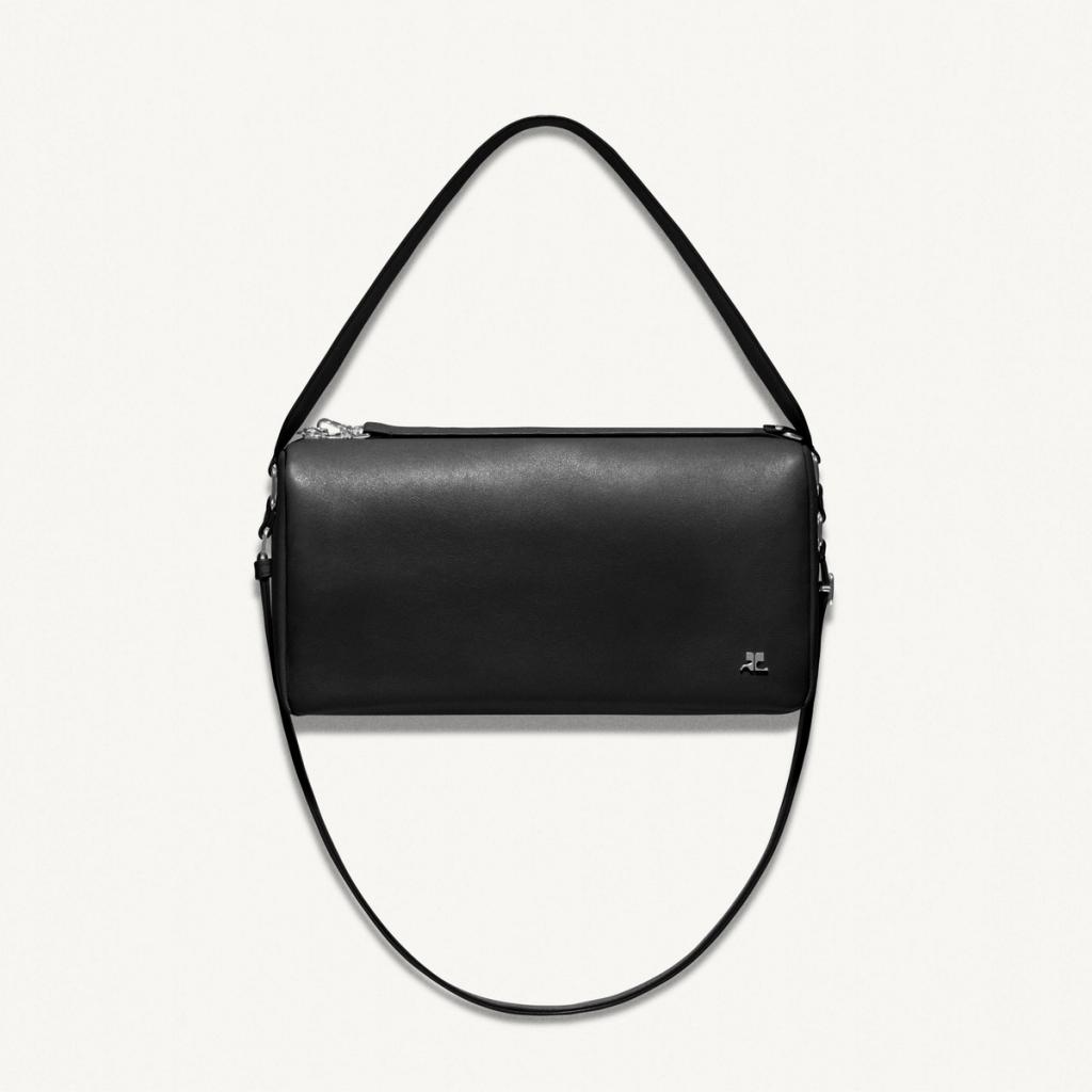 Elegant black leather handbag by Courrèges, perfect for a stylish accessories collection.