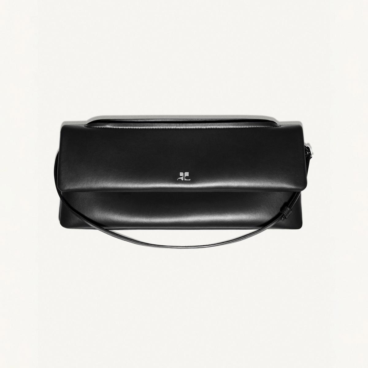 Elegant black leather handbag with minimalist design, perfect for Courrèges fashion statement.