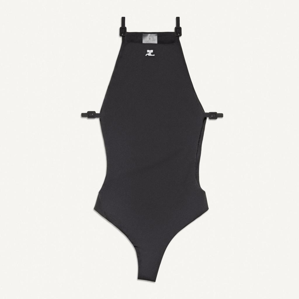 Elegant black one-piece swimsuit by Courrèges, perfect for modern swimwear fashion.