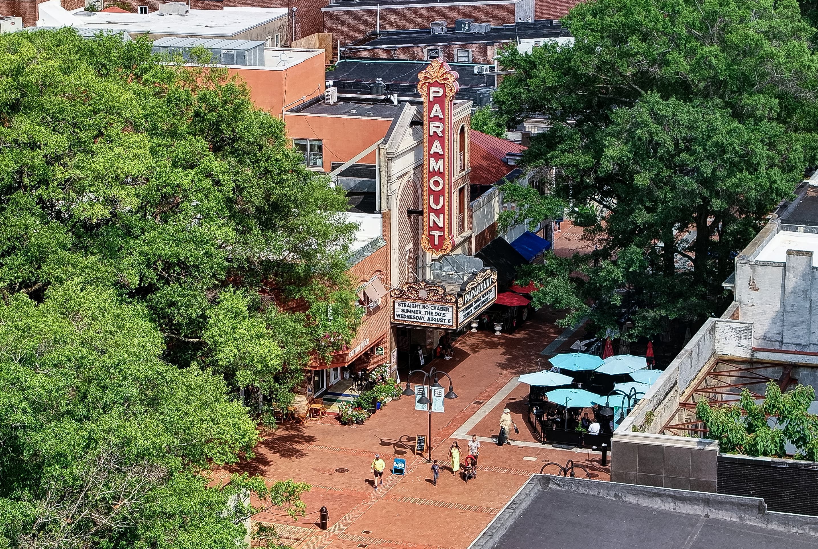 Historic hotel entryway and downtown Charlottesville