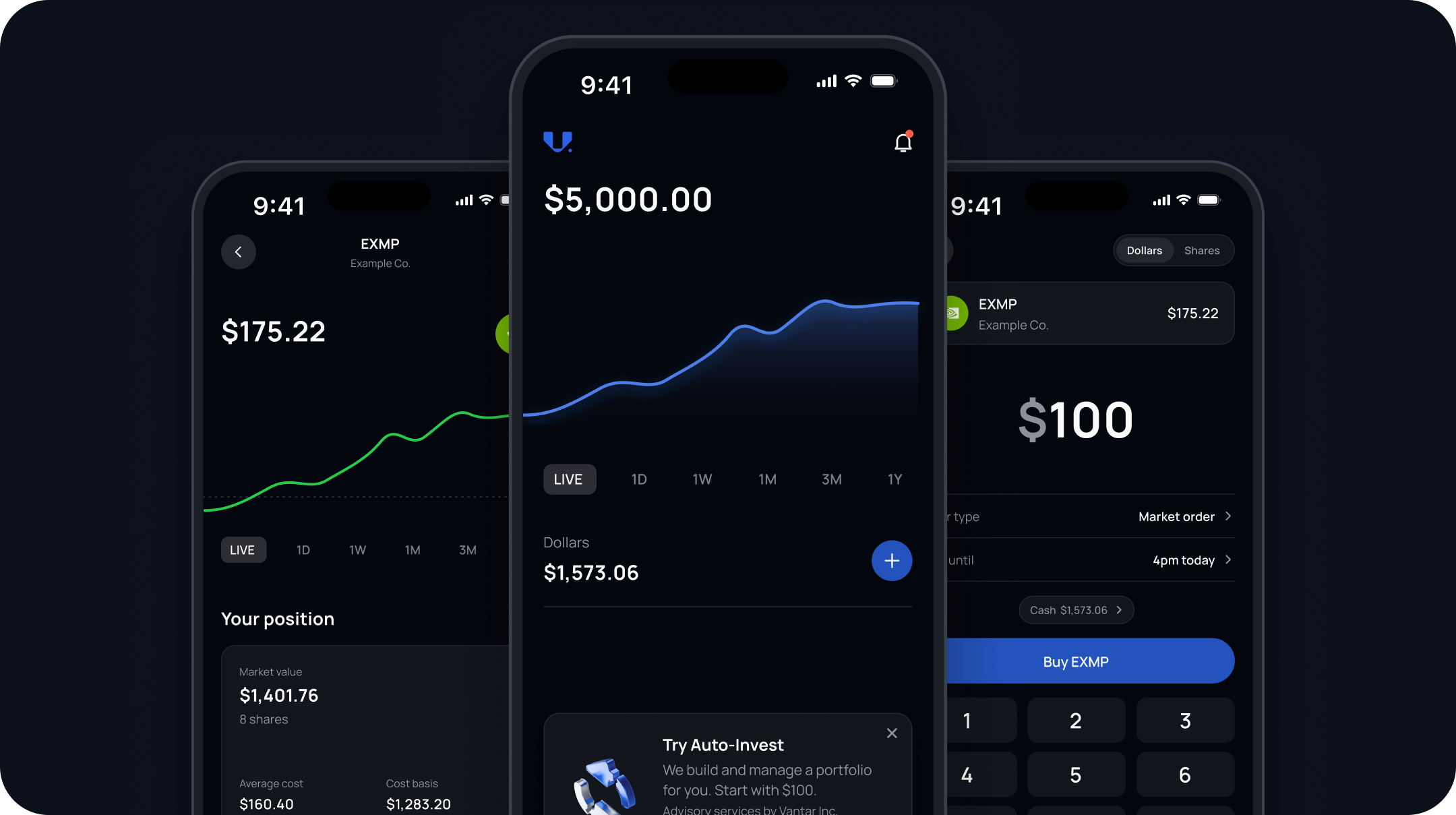 Three Vantar app screens: a stock page, the home screen with a portfolio chart, and a buy order in dollars, shown on a demo account