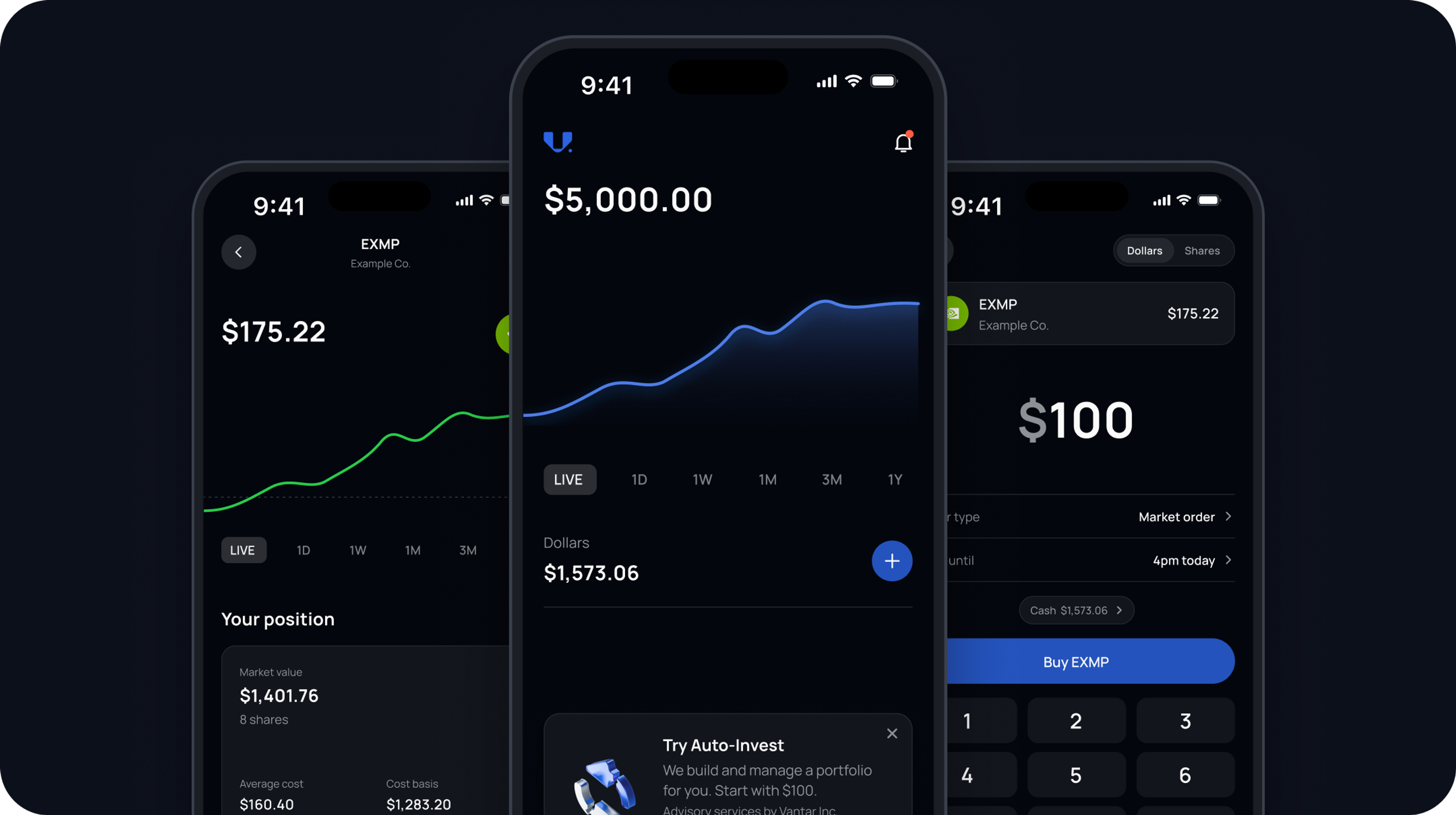 Three Vantar app screens: a stock page, the home screen with a portfolio chart, and a buy order in dollars, shown on a demo account