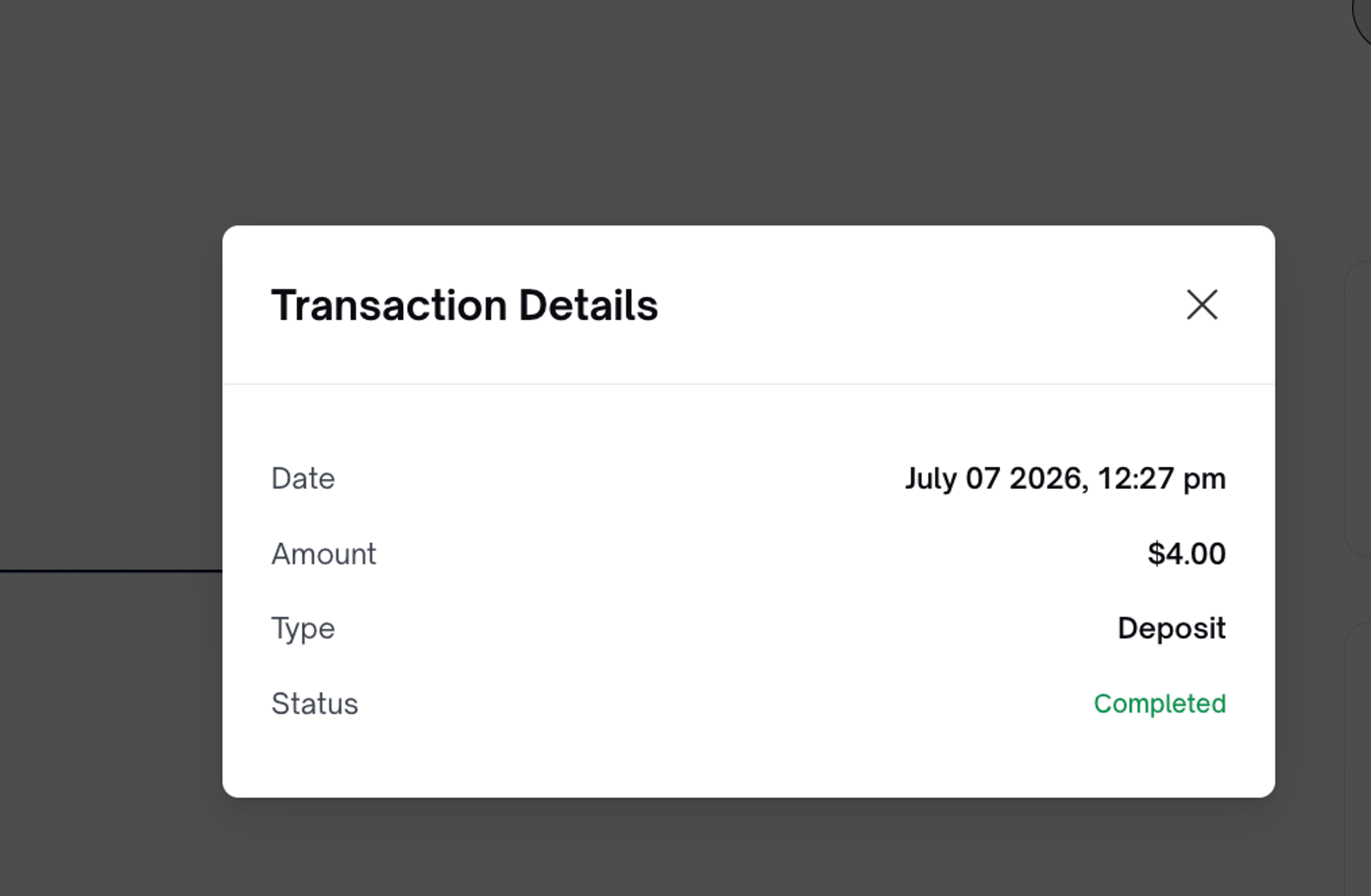 An image of a successful deposit transaction on Vantar