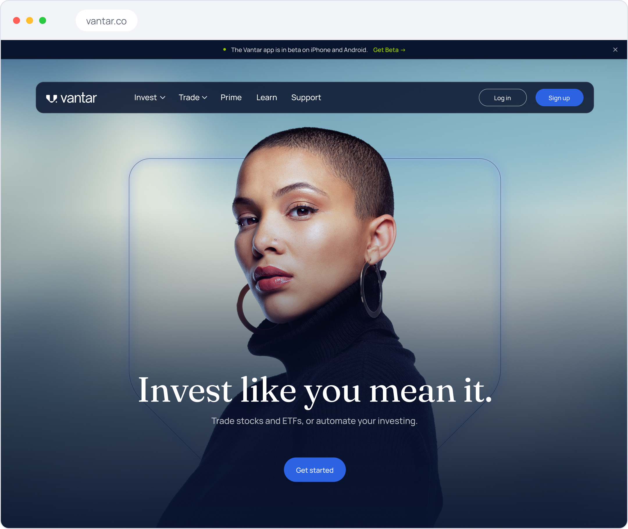 The vantar.co homepage with the headline “Invest like you mean it.” and a Get started button