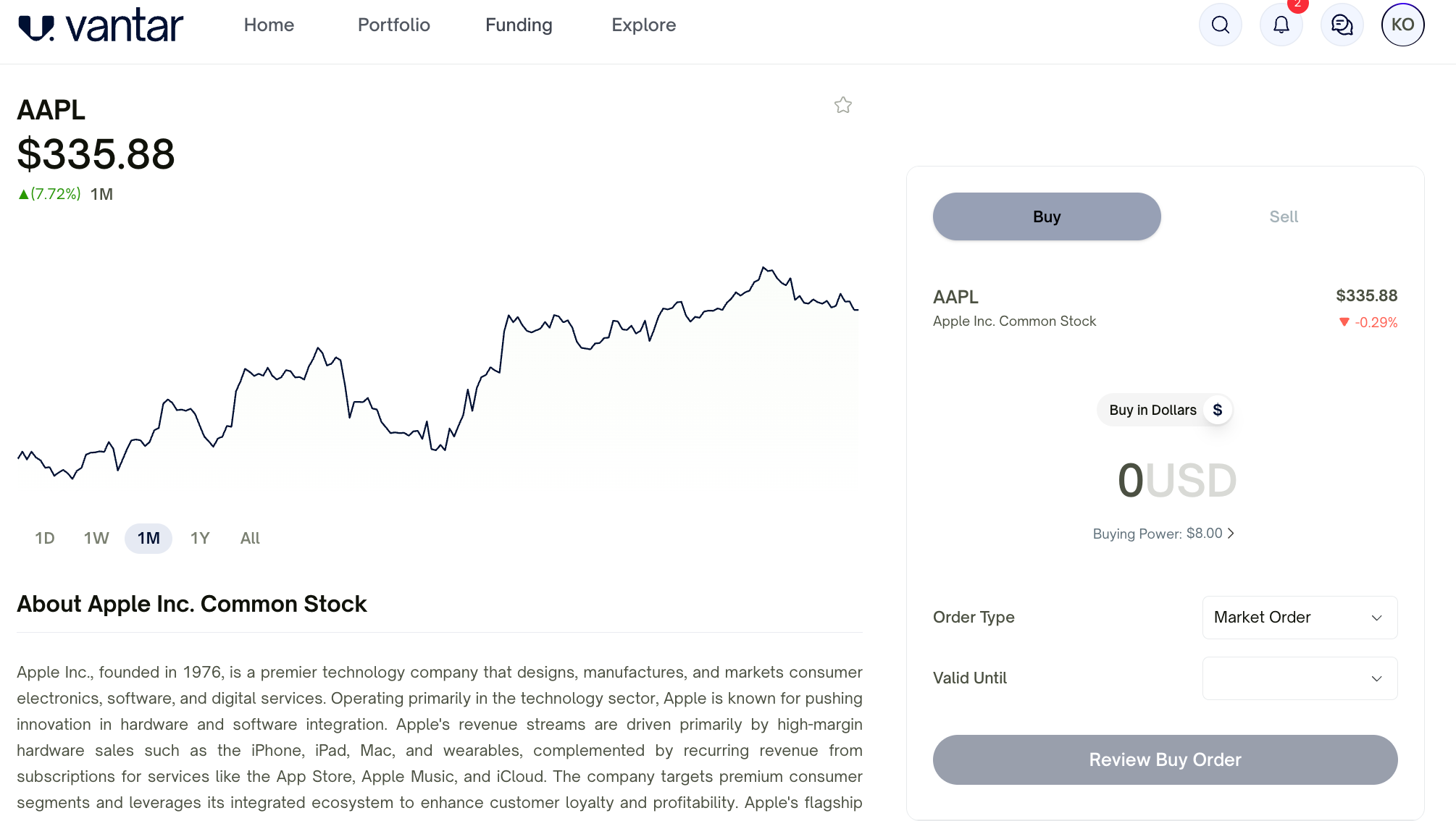Selecting a stock on Vantar.co