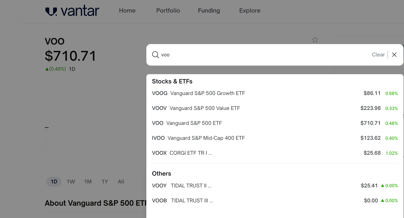 Searching for VOO on Vantar, showing the live price of $710.71 - Sept. 27, 2026. 