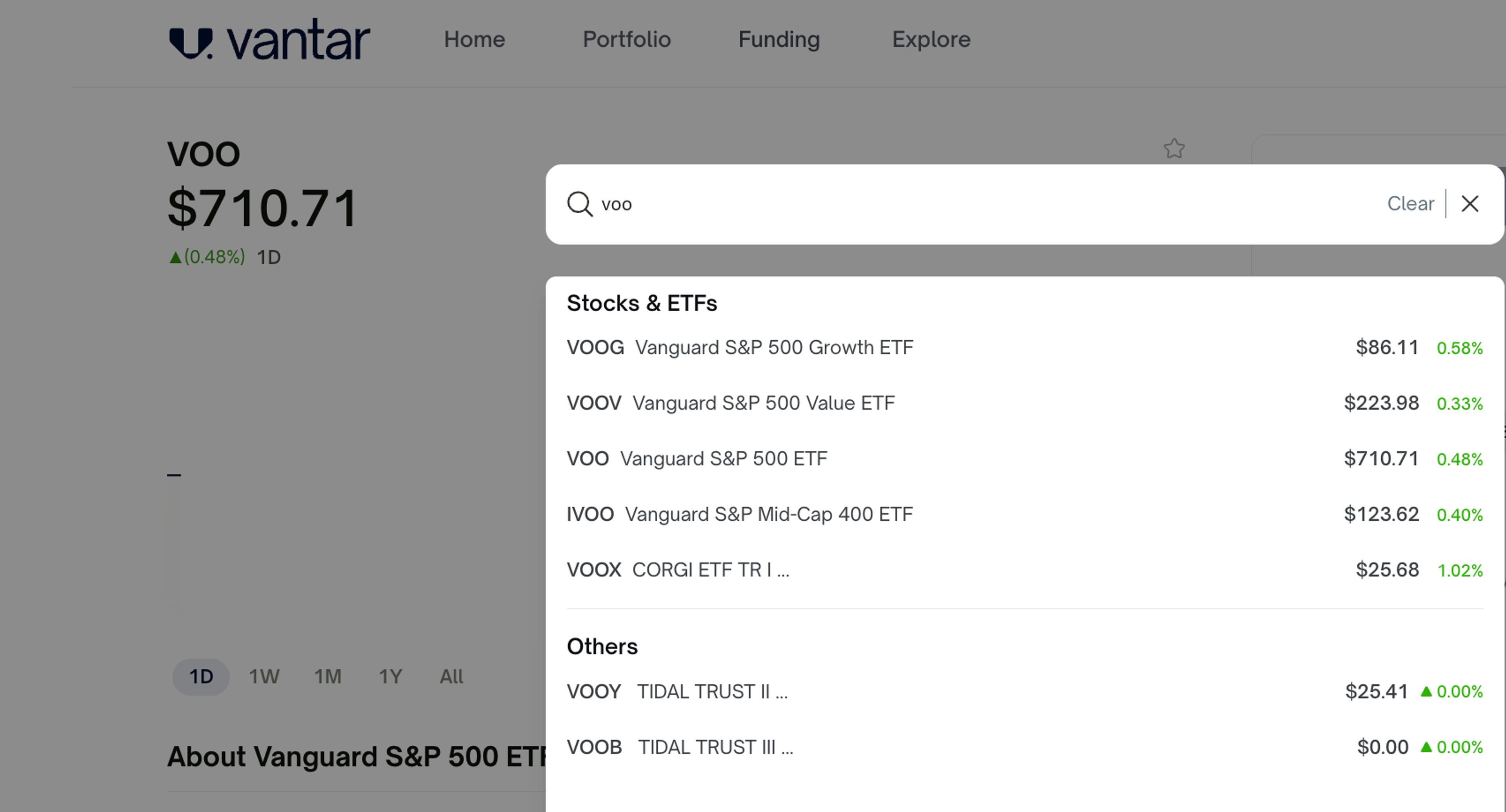 Searching for VOO on Vantar, showing the live price of $710.71 - Sept. 27, 2026.