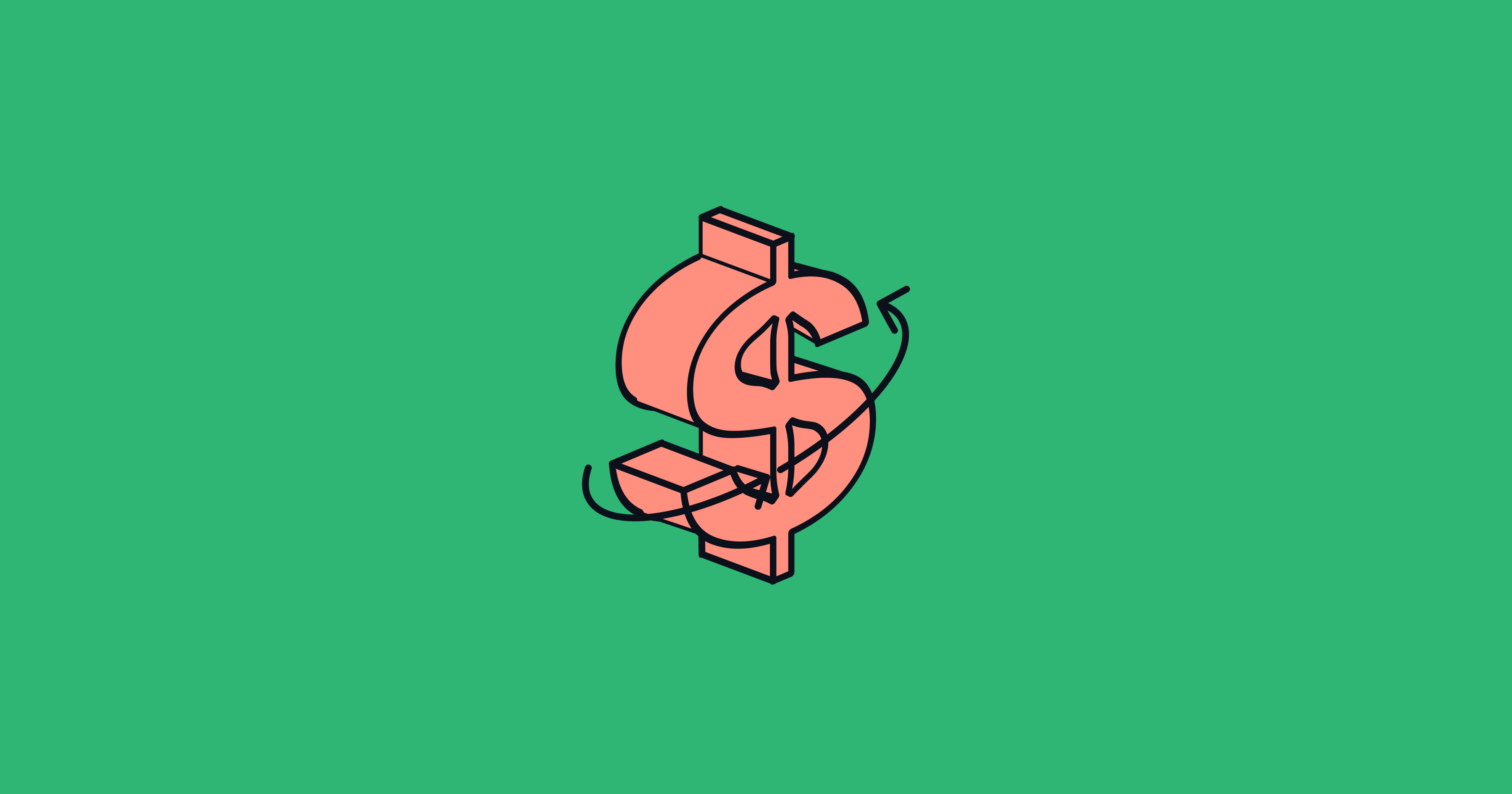 Illustration of a dollar sign standing on a stack of coins on a green background