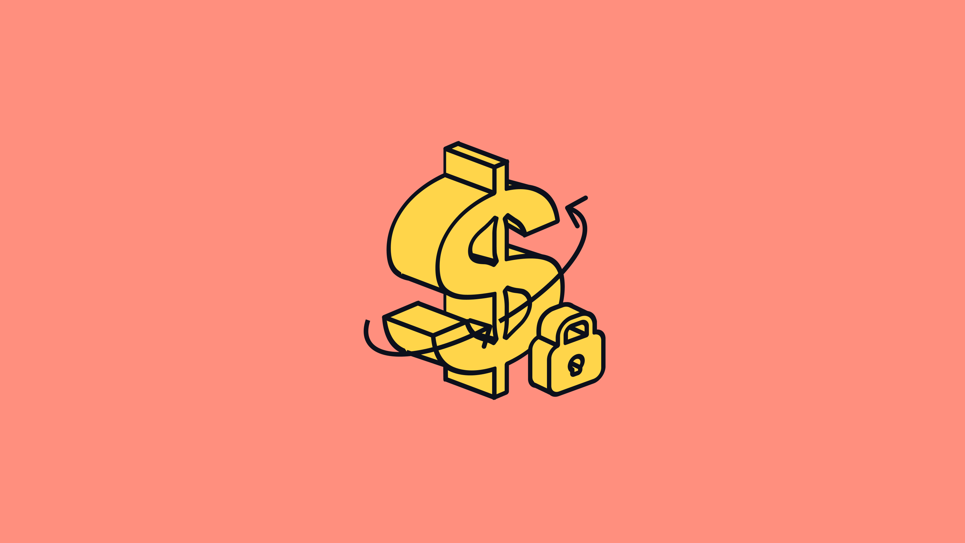 Illustration of a dollar sign on a stack of coins with a padlock, on coral