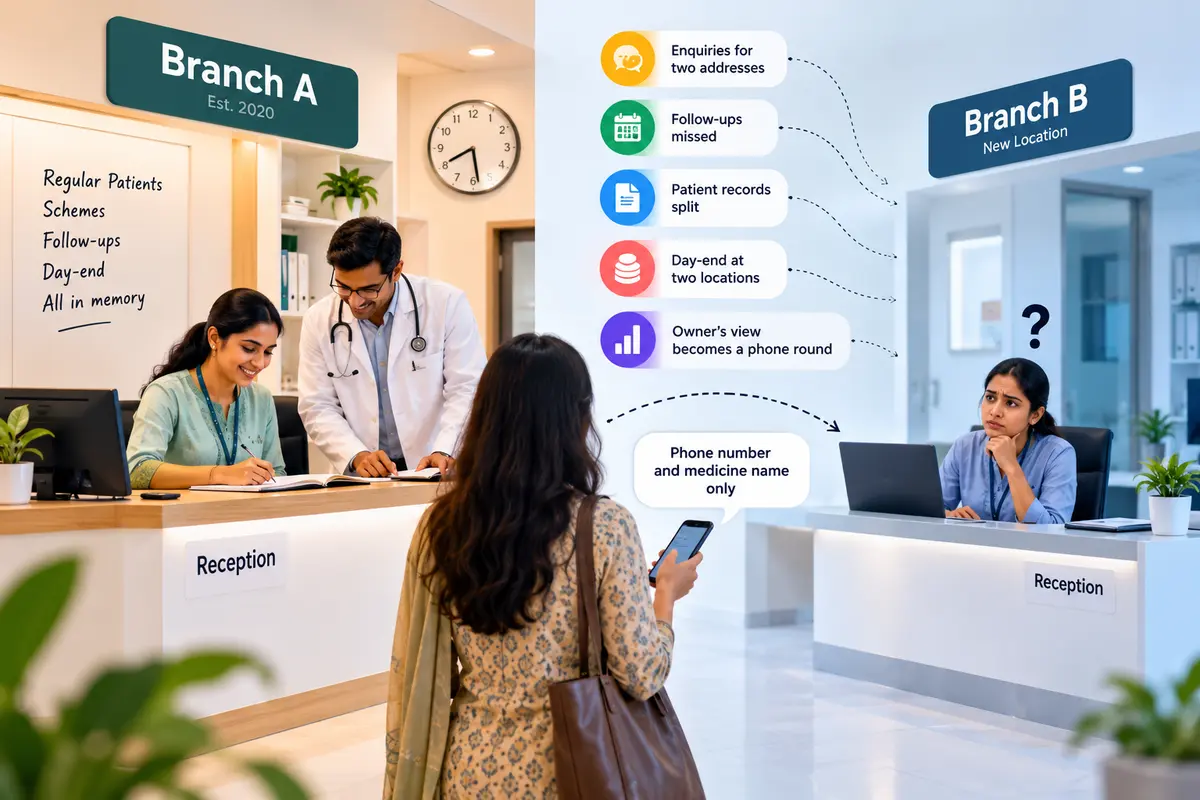 Comparison of Branch A and Branch B showing patient record challenges, missed follow-ups, and multi-branch clinic management.
