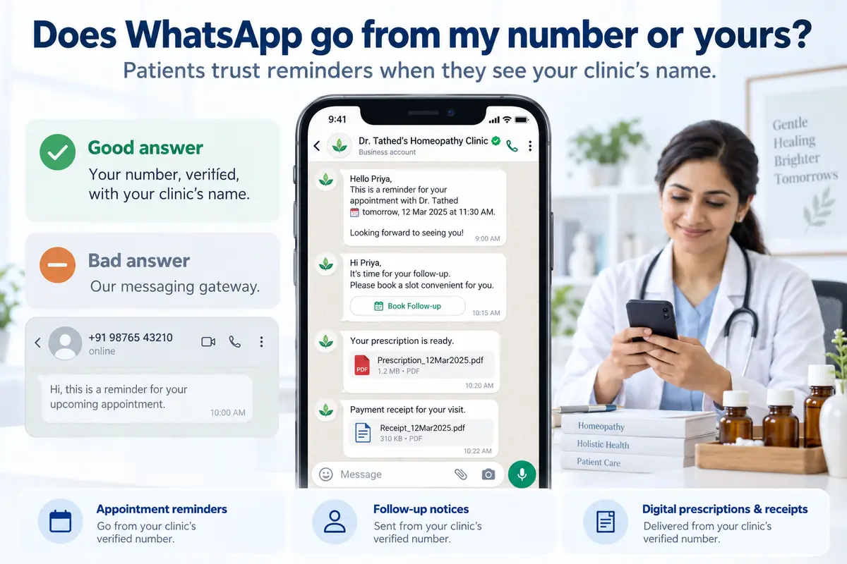 WhatsApp appointment reminders, follow-ups, prescriptions, and receipts sent from a clinic’s verified business number.