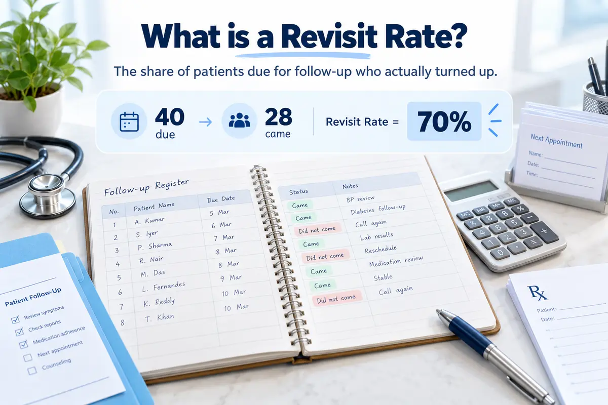 Infographic explaining clinic Revisit Rate: 40 patients due for follow-up, 28 returned, resulting in a 70% Revisit Rate.
