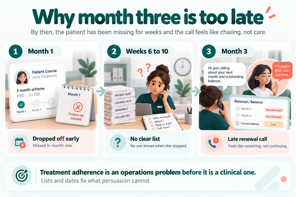 Infographic showing how missed patient follow-ups in month one lead to treatment drop-off and delayed renewal calls by month three.