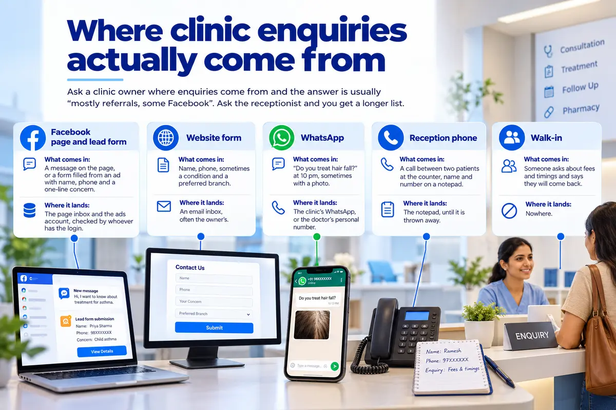 Infographic showing five clinic enquiry sources: Facebook, website, WhatsApp, reception phone, and walk-ins.