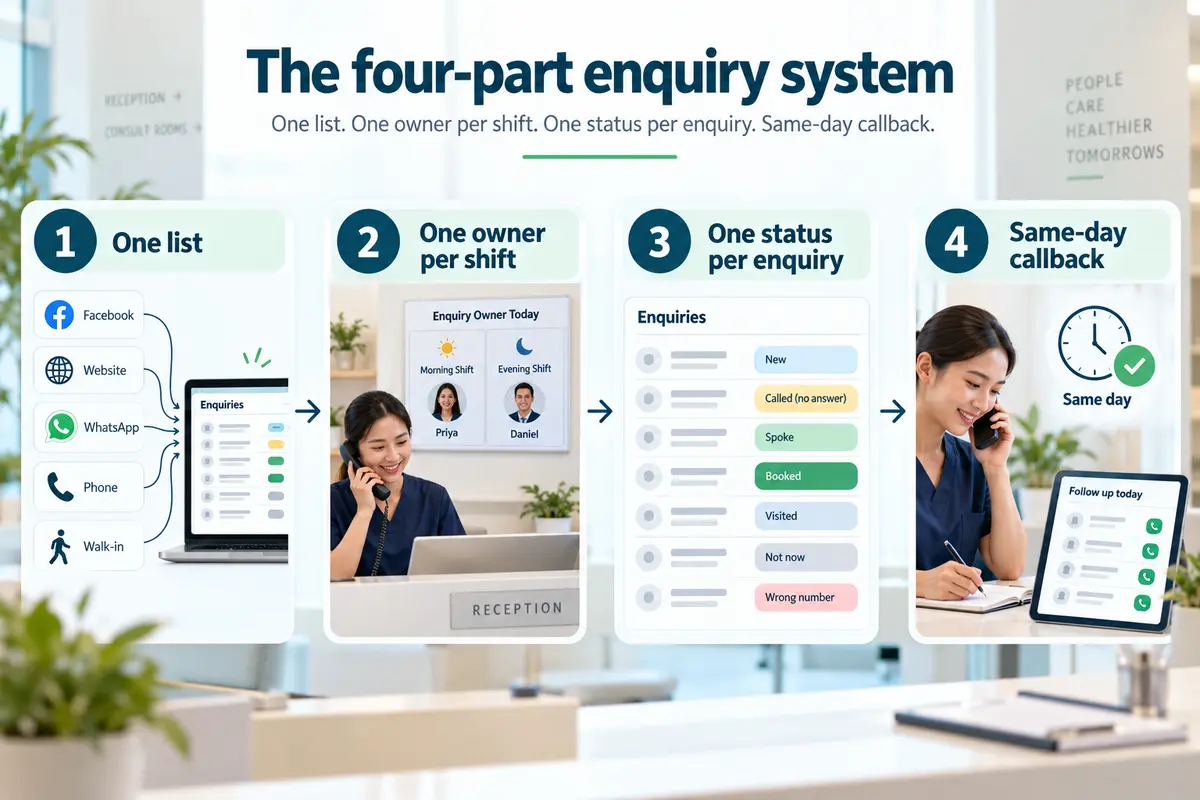Infographic showing a four-step clinic enquiry management system: centralized leads, shift ownership, enquiry status tracking, and same-day callbacks.