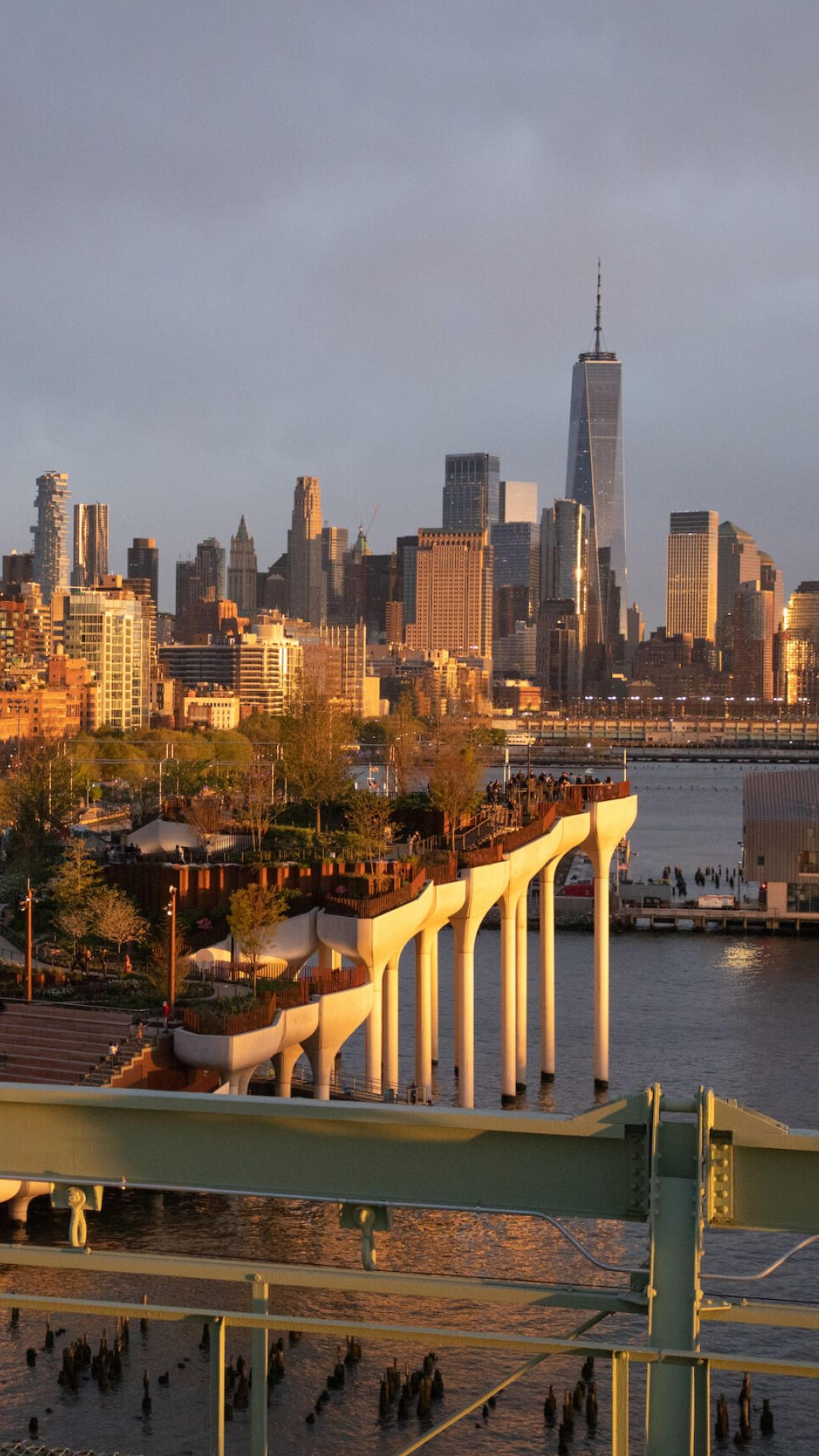 Lower Manhattan and Little Island at golden hour, New York