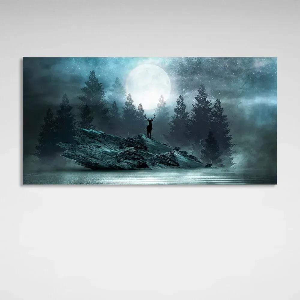 Emil Herzog Deer on a Cliff against a Moonlit Forest