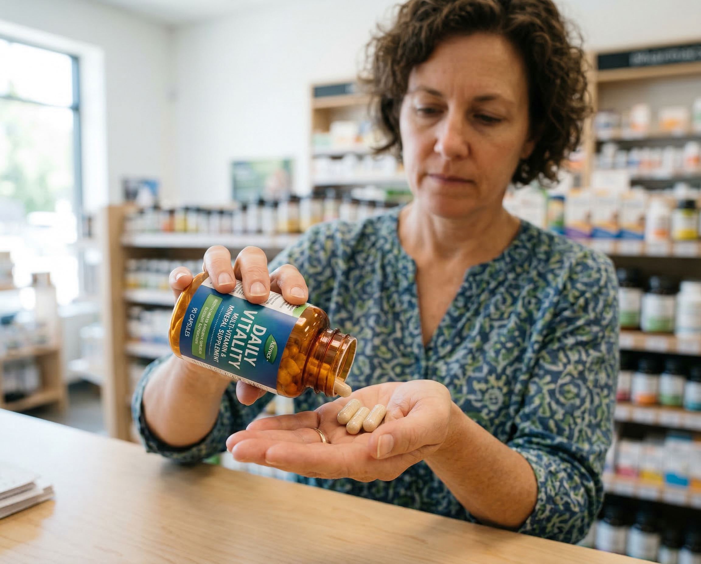 A nutraceutical customer placing pills in their hand from a capsule bottle. 