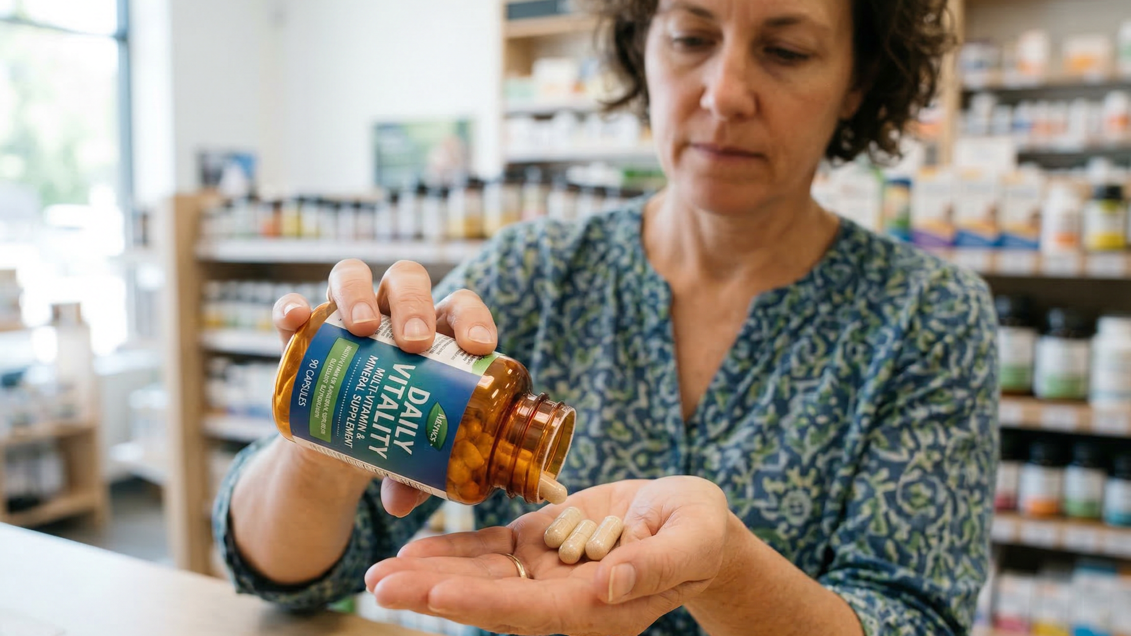 A nutraceutical customer placing pills in their hand from a capsule bottle.
