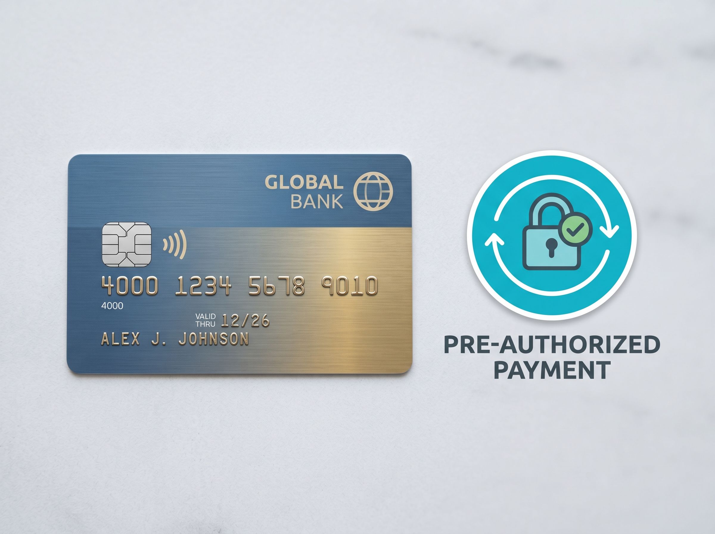 A credit card and an icon that represents a pre-authorized payment