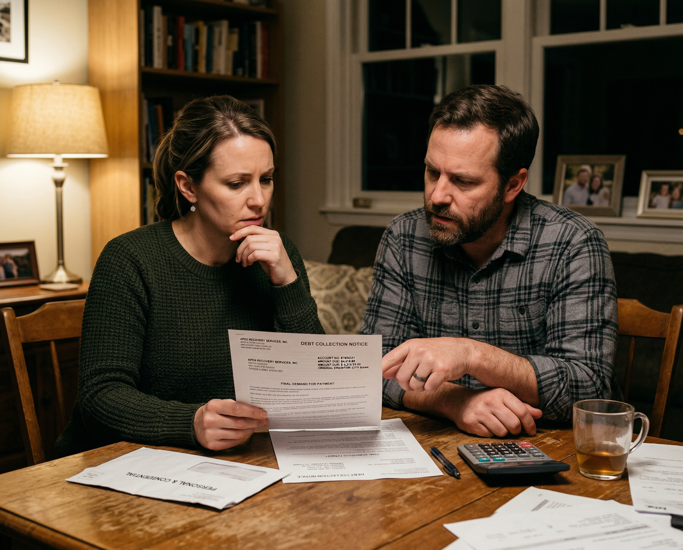 Two people reviewing a debt collection notice.
