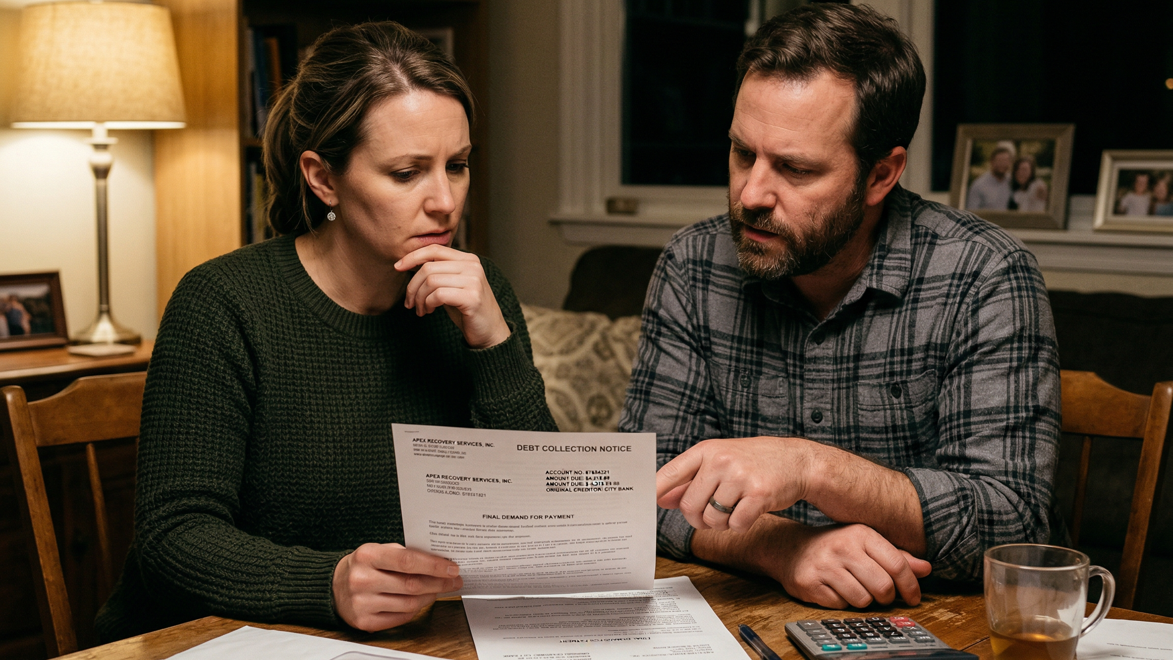 Two people reviewing a debt collection notice.