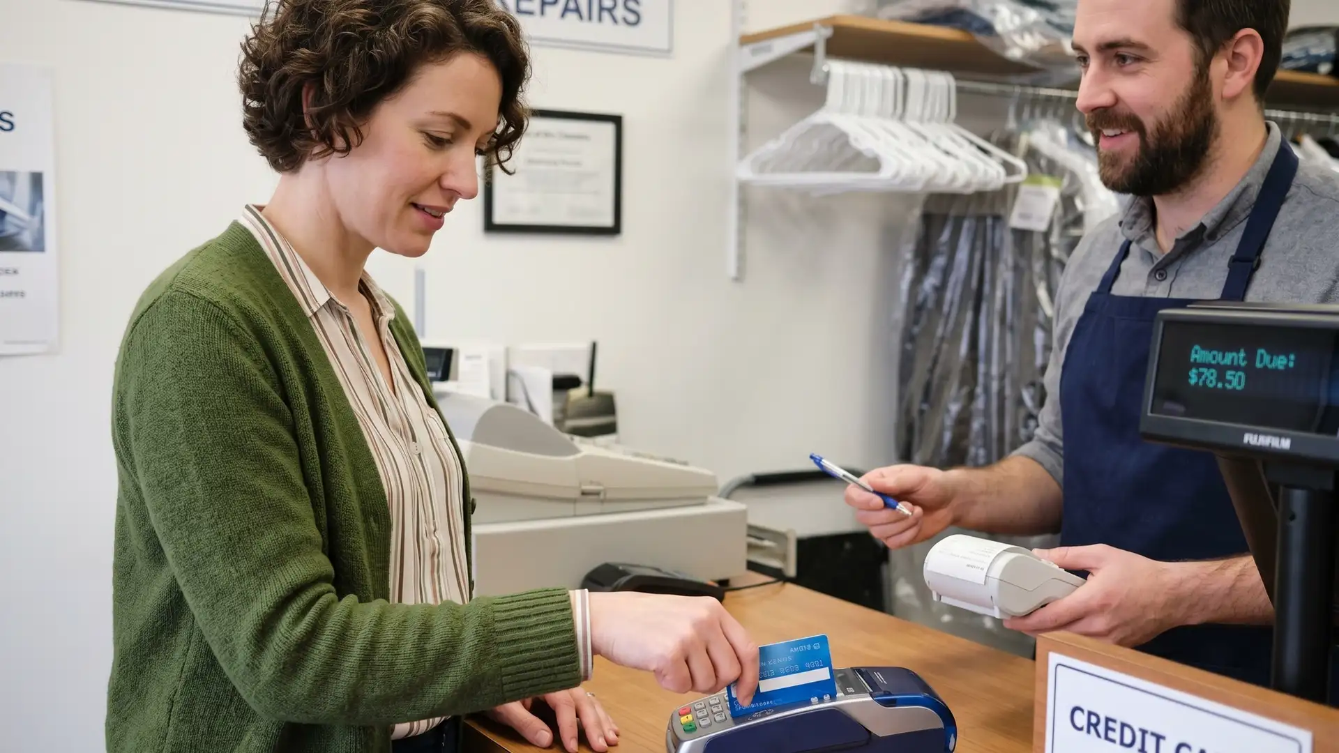 Someone using a credit card to pay for a service