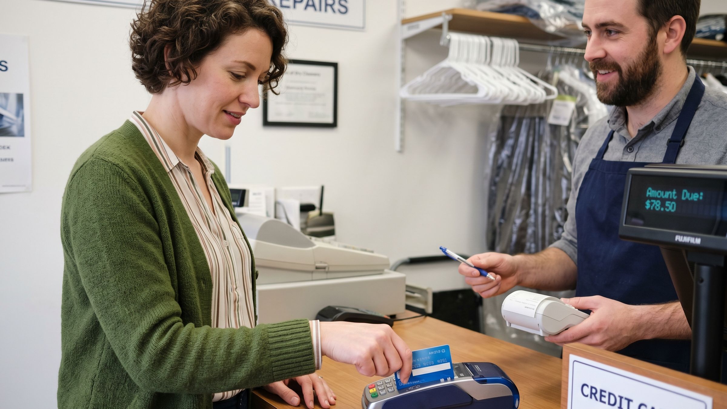 Someone using a credit card to pay for a service