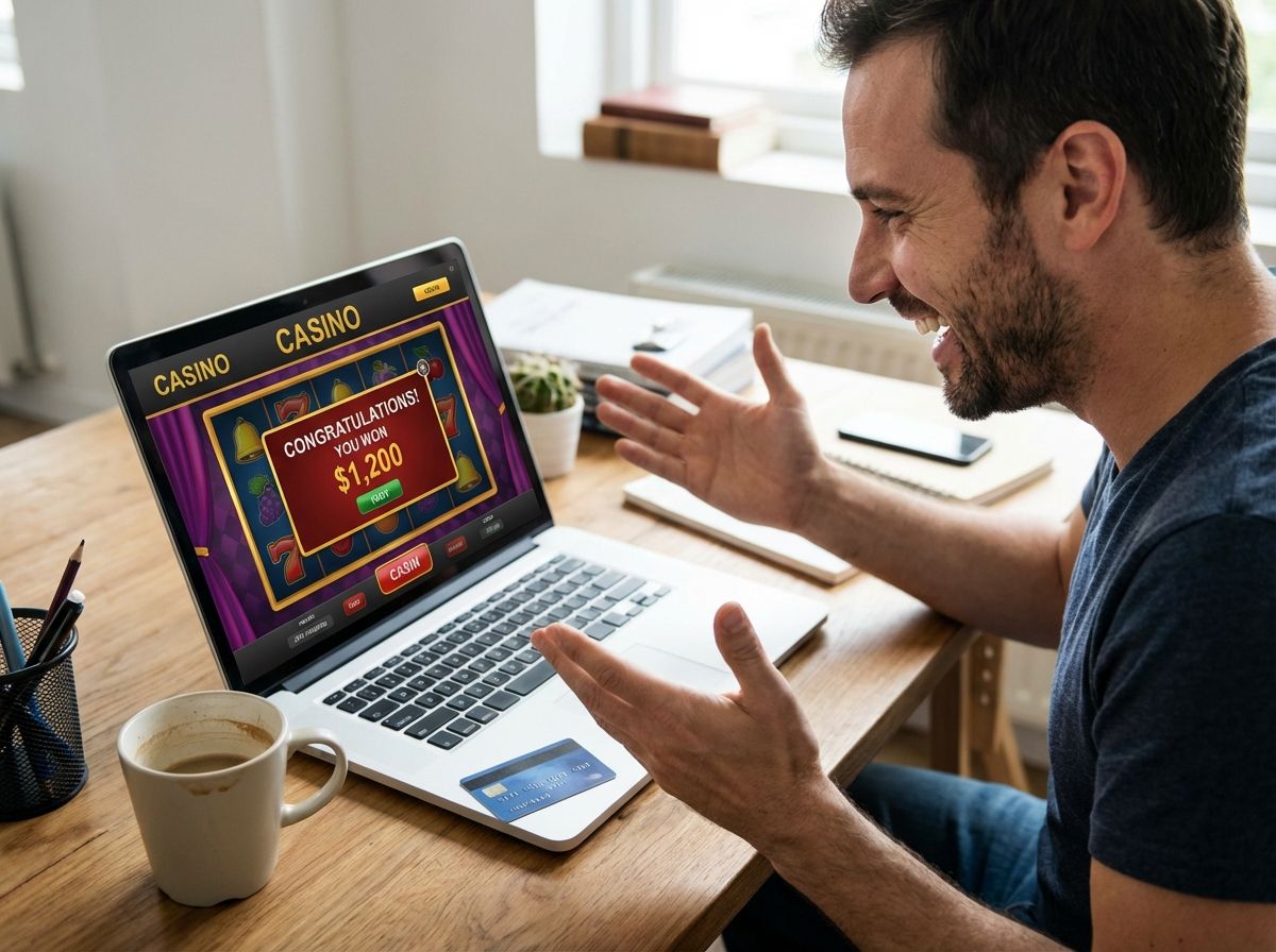 Customer using an online gambling site to play and win.