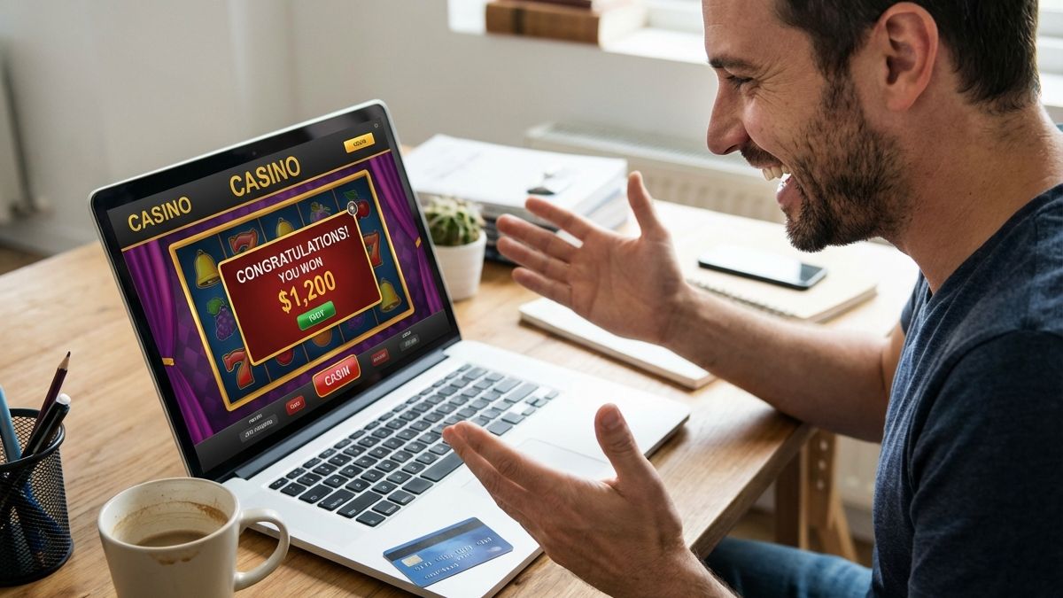 Customer using an online gambling site to play and win.